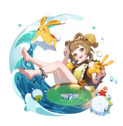  :d absurdres barefoot basket bell bow-shaped_hair bracelet braid brown_eyes brown_hair commentary flat_chest genshin_impact hair_bell hair_ornament hairclip highres innertube jewelry looking_at_viewer oichida open_mouth school_swimsuit smile soles swim_ring swimsuit v water yaoyao_(genshin_impact) yuegui_(genshin_impact) 