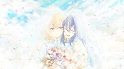  2girls artist_request blue_hair bouquet bridal_veil brown_eyes brown_hair closed_eyes closed_mouth commentary commission day dress falling_petals fang hashtag-only_commentary highres holding holding_bouquet jewelry long_hair multiple_girls open_mouth oumi_shiori outdoors petals ring second-party_source smile upper_body veil watashi_wo_tabetai_hitodenashi wedding_dress wedding_ring wife_and_wife yaotose_hinako yuri 
