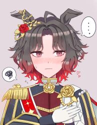  ... ahoge animal_ears black_jacket blush brooch brown_hair closed_mouth commentary_request ear_flower ear_ornament epaulettes flower flower_brooch four-pointed_star gloves gradient_hair heart highres horse_ears horse_girl jacket jewelry long_sleeves looking_at_viewer multicolored_hair print_sash red_hair red_sash rose_kingdom_(umamusume) sash short_hair simple_background single_epaulette sora_(sjnz7474) speech_bubble spoken_ellipsis squiggle sweat two-tone_hair umamusume upper_body vertical-striped_sleeves white_gloves 