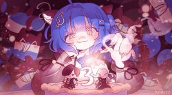  >_< :3 ^_^ ahoge animal_ears birthday_cake black_ribbon blue_bow blue_hair blush blush_stickers bow cake candle chromashift closed_eyes closed_mouth commentary commission devil_may_cry_(series) english_commentary eyelashes fandit_(poko_rakun) fang fingernails fire food grin hair_intakes hair_ornament head_rest holding_matchstick koilccc leaf_hair_ornament lighting_candle long_sleeves number_candle poko_rakun raccoon_ears raccoon_girl ribbon second-party_source see-through_clothes see-through_sleeves smile smoke teeth thick_eyebrows v_(devil_may_cry) vergil_(devil_may_cry) virtual_youtuber yellow_eyes 
