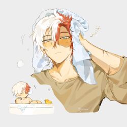 1boy blue_eyes boku_no_hero_academia brown_shirt burn_scar chibi chibi_inset closed_mouth drying drying_hair drying_own_hair grey_background grey_eyes hair_between_eyes heterochromia highres in_bathtub joikzo light_blush looking_at_viewer male_focus multicolored_hair red_hair rubber_duck scar scar_on_arm scar_on_face shirt short_hair simple_background split-color_hair todoroki_shoto towel twitter_username two-tone_hair wet white_hair 