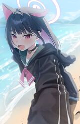  1girl absurdres animal_ears beach black_choker black_hair black_jacket blue_archive blunt_bangs cat_ears cat_girl choker colored_inner_hair commentary_request extra_ears floating_hair halo highres hood hood_down hooded_jacket jacket kashio_(92984798) kazusa_(blue_archive) long_sleeves looking_at_viewer multicolored_hair neckerchief open_mouth outdoors pink_eyes pink_hair pink_neckerchief reaching reaching_towards_viewer short_hair solo standing upper_body water 