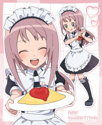  absurdres apron blush closed_eyes commentary_request food frills green_eyes heart highres inazuma_eleven_(series) inazuma_eleven_ares_no_tenbin long_hair maid maid_apron maid_headdress multiple_girls omelet omurice open_mouth plate ribbon sam_kichi shiratoya_nae skirt smile tehepero 