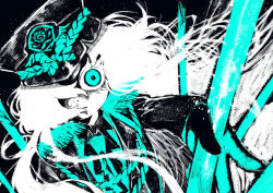  1girl aiguillette aqua_eyes aqua_necktie aqua_theme blind_obsession_(e.g.o) collared_shirt commentary_request dutch_angle e.g.o_(project_moon) epaulettes fluorescent_lamp freckles gloves hat highres ishmael_(project_moon) limbus_company limited_palette long_hair long_sleeves looking_at_viewer mochigome_138 necktie peaked_cap project_moon reaching reaching_towards_viewer shirt solo upper_body very_long_hair 