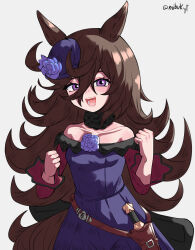  1girl absurdres animal_ears bare_shoulders blue_dress blue_flower blue_hat blue_rose blush breasts brown_hair collarbone commentary dagger dress flipped_hair flower fur_choker hair_over_one_eye hat hat_flower highres horse_ears horse_girl horse_tail knife long_hair long_sleeves looking_at_viewer mibukyt off-shoulder_dress off_shoulder open_mouth rice_shower_(rosy_dreams)_(umamusume) rice_shower_(umamusume) rose sheath sheathed simple_background small_breasts smile solo tail teeth tilted_headwear umamusume violet_eyes weapon 
