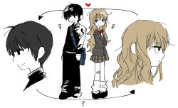  2girls ? allsu_official annoyed bag black_eyes black_hair black_jacket black_pants black_shoes blazer blonde_hair blue_bag bow bowtie commentary_request crossdressing crossdressing_(ftm) full_body gakuran grey_jacket heart jacket korean_commentary long_hair loose_socks multiple_girls original pants red_bow red_bowtie relationship_graph reverse_trap school_uniform shoes short_hair shoulder_bag simple_background smile socks standing venus_symbol very_long_hair white_background yuri 