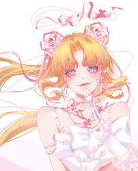  1girl absurdres arm_bow arm_warmers armlet back_bow bare_shoulders beads blonde_hair bow bow_in_eye bowtie brooch chinese_commentary commentary_request double_bun dreamtime_bestowed_(infinity_nikki) dress eating eyelashes floating_hair fork frilled_arm_warmers frills gem gem_hair_ornament hair_beads hair_bow hair_bun hair_ornament hair_ribbon halo happy heart heart-shaped_gem heart_brooch highres holding holding_fork infinity_nikki jewelry large_bow light_blush lipstick long_hair looking_at_viewer makeup neck_ribbon nikki_(series) parted_bangs parted_lips pink_bow pink_gem pink_halo pink_lips pink_ribbon ribbon ribbon_earrings simple_background sleeveless sleeveless_dress smile solo spaghetti_strap sparkle sprinkles twintails upper_body very_long_hair violet_eyes wavy_hair white_arm_warmers white_background white_bow white_bowtie white_dress wind wrist_bow zhangshu_u 