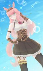 1girl absurdres aivy_lovencraft animal_ears fanart goggles goggles_on_head green_eyes highres horse_ears horse_girl horse_tail indie_virtual_youtuber keptnis long_hair looking_at_viewer pink_hair simple_background smile tail virtual_youtuber vtuber vtuberfanart