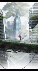 1girl absurdres aivy_lovencraft fanart goggles goggles_on_head grayl highres indie_virtual_youtuber long_hair pink_hair ruins scenery standing tree virtual_youtuber vtuber vtuberfanart