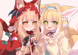  2girls :t absurdres animal_ear_fluff animal_ears arknights arknights:_endfield black_gloves blonde_hair blue_hairband cape cardigan closed_mouth colored_tips commentary ears_through_headwear fingerless_gloves fox_ears fox_girl fox_tail frilled_hairband frills gloves green_eyes hairband heart heart_hands heart_hands_duo highres hood hood_up hooded_cape in-franchise_crossover kitsune kyuubi long_hair long_sleeves looking_at_viewer low-tied_sidelocks multicolored_hair multiple_girls multiple_tails neck_ribbon official_alternate_costume open_mouth pout puffy_long_sleeves puffy_sleeves red_cape red_ribbon ribbon rossi_(arknights) shirt sidelocks suzuran_(arknights) suzuran_(spring_praise)_(arknights) tail untranslatable_commentary v-shaped_eyebrows white_hair white_shirt wolf_ears wolf_girl wolf_tail yakurope-moko yellow_cardigan yellow_eyes 
