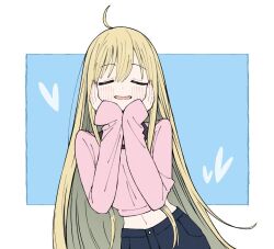  1girl ahoge blush cho_kaguya-hime! closed_eyes commentary facing_viewer hands_on_own_cheeks hands_on_own_face heart kaguya_(cho_kaguya-hime!) long_hair long_sleeves midriff navel open_mouth pink_shirt sabi1234 shirt sleeves_past_wrists smile solo upper_body very_long_hair 