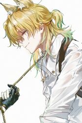  1boy animal_ear_fluff animal_ears blonde_hair chain closed_eyes closed_mouth collar collared_shirt from_side gloves hashtag-only_commentary highres holding holding_chain kemonomimi_mode long_sleeves luuk_herssen_(wuthering_waves) male_focus minglu_(gululu) multicolored_hair partially_fingerless_gloves ponytail rover_(wuthering_waves) shirt simple_background sleeve_cuffs smile white_background white_shirt wing_collar wuthering_waves 