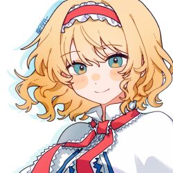  1girl alice_margatroid aqua_eyes artist_name blonde_hair blue_dress blush_stickers capelet closed_mouth commentary_request dress drop_shadow fafa frilled_hairband frills hairband highres looking_at_viewer portrait red_hairband short_hair simple_background smile solo touhou white_background white_capelet 