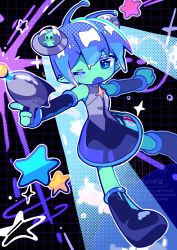  1girl ;o alternate_hair_length alternate_hairstyle antennae black_background black_boots black_skirt black_sleeves blue_eyes blue_hair blush boots commentary detached_sleeves double-parted_bangs english_commentary fang full_body grey_shirt grid_background gun hair_between_eyes hatsune_miku highres holding holding_gun holding_weapon knee_boots long_sleeves one_eye_closed open_mouth outline shirt short_hair signature skirt sleeveless sleeveless_shirt solo standing star_(symbol) ufo_hair_ornament usa_motou vocaloid watermark weapon white_outline 