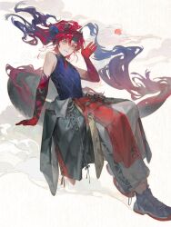  1boy arknights arm_tattoo bare_shoulders black_shoes blue_shirt colored_extremities colored_skin commentary_request dragon_boy dragon_horns dragon_tail full_body fur-tipped_tail green_eyes grey_pants hand_up highres horns invisible_chair looking_at_viewer male_focus pants red_hair red_skin shirt shoes simple_background sitting sleeveless sleeveless_shirt smile sneakers solo tail tattoo waving white_background you_yeyou0904 yu_(arknights) 