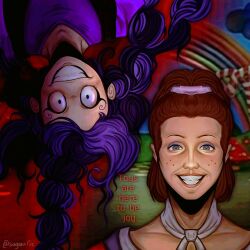  2girls braid commentary english_commentary english_text freckles gracie_green green_eyes lily_lovebraids lips long_hair looking_at_viewer multicolored_hair multiple_braids multiple_girls ponytail poppy_playtime purple_hair purple_shirt red_hair shirt short_hair smile sugarrifiic teeth twitter_username two-tone_hair 