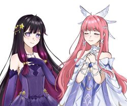  2girls arm_ribbon bare_shoulders beads bow bow_choker brown_hair choker closed_eyes closed_mouth colored_inner_hair columbina_(genshin_impact) commentary cosplay costume_switch cowboy_shot crescent_print criss-cross_halter crossover detached_sleeves dot_nose dress elbow_gloves english_commentary eyelashes facepaint genshin_impact gloves gown gradient_hair hair_beads hair_ornament hair_ribbon halterneck hand_on_own_chest hands_on_own_chest happy highres jewelry lace lace_choker light_blush lipstick long_sidelocks long_sleeves low-tied_sidelocks makeup multicolored_hair multiple_girls necklace nikki_(nikki) nikki_(series) nonoberry22 own_hands_clasped own_hands_together pink_hair pink_lips print_dress print_gloves print_tabard purple_dress purple_gloves purple_pupils purple_tail ribbon sidelocks simple_background smile space_print standing star_(symbol) star_hair_ornament star_necklace star_sea_(nikki) starry_sky_print strapless strapless_dress tress_ribbon two-tone_hair violet_eyes white_background white_bow white_choker white_dress white_ribbon white_sleeves wide_sleeves wing_hair_ornament 