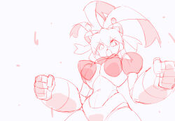  1girl :d aged_up android antennae arm_behind_back arm_up armor arms_up bikini bikini_armor black_gorget bodysuit breastplate breasts clenched_hands closed_mouth covered_navel cowboy_shot earphones fighting_stance gorget groin hair_between_eyes hair_ribbon hairband headphones high_ponytail hyper_roll_(marvel_vs._capcom) joints kaidou_zx large_breasts lineart long_hair looking_at_viewer looking_down marvel_vs._capcom marvel_vs._capcom_2 mechanical_arms mechanical_legs mega_man_(classic) mega_man_(series) metal_gloves open_mouth ponytail radio_antenna ribbon robot robot_girl robot_joints roll_(mega_man) shoulder_armor sidelocks simple_background smile solo swimsuit white_background 