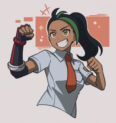  1girl black_gloves black_hair clenched_hands collared_shirt commentary dark-skinned_female dark_skin elbow_gloves english_commentary freckles gloves green_hair highres m-hex multicolored_hair naranja_academy_school_uniform necktie nemona_(pokemon) orange_eyes orange_necktie pokemon pokemon_sv ponytail school_uniform shirt short_sleeves simple_background single_elbow_glove smile solo teeth two-tone_hair upper_body white_shirt 
