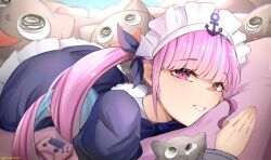  1girl absurdres ahoge anchor_hat_ornament anchor_symbol aqua_hair blue_bow blue_bowtie blue_dress blue_ribbon bow bowtie commentary controller curly_hair dress eizuremon english_commentary game_controller hair_ribbon hat_ornament highres hololive long_hair looking_at_viewer lying maid maid_headdress minato_aqua minato_aqua_(1st_costume) multicolored_hair neko_(minato_aqua) on_stomach pillow pink_eyes pink_hair ribbon smile solo streaked_hair twintails twitter_username two-tone_hair virtual_youtuber white_wrist_cuffs wrist_cuffs 