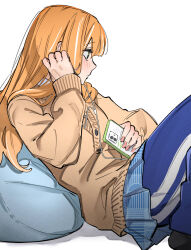  1girl bean_bag_chair blue_pants blue_skirt blush brown_cardigan buttons cardigan cellphone collared_shirt commentary earphones from_side gakuen_idolmaster green_eyes grn_kk hand_on_own_stomach hand_up highres holding holding_phone idolmaster in-ear_earphones long_hair looking_afar multicolored_hair orange_hair pants pants_under_skirt phone pink_nails pleated_skirt shirt shiun_sumika sitting skirt smartphone solo solo_focus streaked_hair track_pants untranslatable_commentary white_background white_shirt white_streaks 
