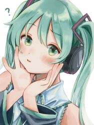  1girl ? aqua_eyes aqua_hair blush choppy_bangs closed_mouth commentary_request detached_sleeves grey_shirt hands_on_own_cheeks hands_on_own_face hands_up hatsune_miku headphones highres long_hair long_sleeves looking_at_viewer nena_labo shirt simple_background sleeveless sleeveless_shirt solo straight_hair twintails vocaloid white_background 