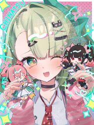  3girls aqua_hair aqua_streaks aria_(zenless_zone_zero) arm_warmers bandaid bandaid_hair_ornament black_choker black_hair black_thighhighs blush character_name choker collarbone commentary_request crossed_bangs dress fur-trimmed_sleeves fur_trim green_eyes green_hair green_halo green_nails hair_between_eyes hair_ornament halo heart heart_hair_ornament highres holding holding_mini_person kuziramu_1063 looking_at_another mini_person multicolored_hair multicolored_nails multiple_girls multiple_hair_clips nangong_yu necktie one_eye_closed open_mouth pink_arm_warmers pink_background pink_hair pink_nails quad_tails red_eyes red_necktie shirt sparkle streaked_hair striped_arm_warmers sunna_(zenless_zone_zero) thigh-highs twitter_username white_dress white_shirt white_wings wings zenless_zone_zero 