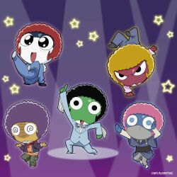  5boys afro black_eyes blue_eyes bow bowtie commentary_request dancing disco dororo_(keroro_gunsou) full_body giroro glasses hood hoodie jacket japanese_clothes jersey keroro keroro_gunsou kimono kururu_(keroro_gunsou) looking_at_viewer mask mouth_mask multiple_boys ninja_mask official_art pants purple_background shirt simple_background star_(symbol) tamama 