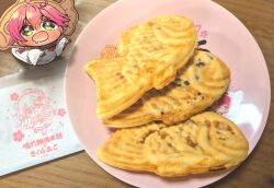  1girl ahoge blush chibi chibi_only commentary_request double-parted_bangs drooling food full_body green_eyes hair_between_eyes harumina_mau highres hololive japanese_clothes kimono long_hair long_sleeves looking_at_viewer mixed_media mouth_drool open_mouth photo_background pink_hair plate sakura_miko solo standing taiyaki wagashi white_kimono wide_sleeves 