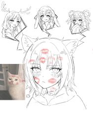  4girls animal_ears antlers ayatsumugi_roka blush bosg_12_2 cat cho_kaguya-hime! choker collarbone crescent crescent_hair_ornament cropped_torso finger_to_own_chin fox_ears frown hair_ornament hair_rings hair_stick hand_to_own_mouth highres horns kaguya_(cho_kaguya-hime!) lipstick_mark multiple_girls partially_colored puff_of_air reference_inset runami_yachiyo sakayori_iroha sketch sleeves_past_fingers sleeves_past_wrists smile tongue tongue_out v white_background yuri 