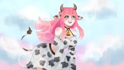 1girl absurdres aivy_lovencraft animal_ears autoestima bell cow_ears cow_girl cow_horns cow_tail cowbell fanart green_eyes highres horns indie_virtual_youtuber long_hair pink_hair simple_background smile tail virtual_youtuber vtuber vtuberfanart