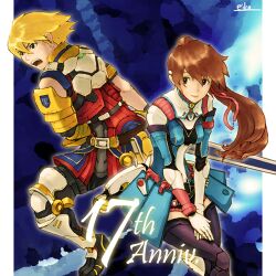  1boy 1girl anniversary black_thighhighs blonde_hair brown_eyes brown_hair closed_mouth commentary_request edge_maverick gloves hair_ribbon high_ponytail holding holding_sword holding_weapon long_hair open_mouth pink_ribbon ponytail revision ribbon saionji_reimi shorts smile star_ocean star_ocean:_the_last_hope sword thigh-highs weapon white_gloves 