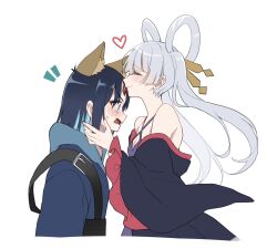  2girls akatsuki_(osamaru36) bare_shoulders black_hair blue_hoodie blush cho_kaguya-hime! closed_eyes closed_mouth commentary forehead_jewel grey_hair hair_ribbon heart highres hood hoodie japanese_clothes kimono kiss kissing_forehead multiple_girls off_shoulder open_mouth purple_kimono ribbon runami_yachiyo sakayori_iroha short_hair simple_background sweat twintails white_background yuri 