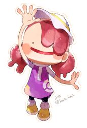  1girl black_pants blush blush_stickers brown_hair commentary_request ditto female_protagonist_(pokemon_pokopia) full_body hat highres kouta_(pixiv14981568) long_hair open_mouth pants pokemon pokemon_(creature) pokemon_pokopia purple_shirt shirt shoes short_sleeves smile solid_circle_eyes transformed_ditto twintails waving white_hat yellow_shoes 