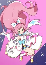  1girl altorealize ascot boots bow braid brooch closed_mouth commentary_request cure_prism dress earrings elbow_gloves floating_hair full_body gloves green_eyes hair_bow hair_floating_upwards highres hirogaru_sky!_precure jewelry long_hair looking_at_viewer magical_girl nijigaoka_mashiro pink_hair precure smile solo sparkle very_long_hair white_ascot white_boots white_bow white_dress white_gloves wing_brooch 