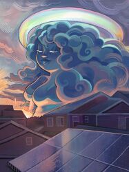  1girl closed_eyes closed_mouth clouds curly_hair halo highres house multicolored_halo original outdoors passionpeachy plump rainbow rainbow_halo sky smile solo sunset 