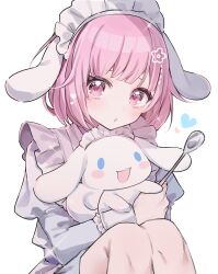  1girl absurdres bad_id bad_twitter_id blue_dress blue_eyes cinnamoroll creature dress fuwa_fuwa_cinnamoroll highres holding holding_creature holding_spoon juliet_sleeves knees_up long_sleeves looking_at_viewer maid maid_headdress ootori_emu open_mouth pink_eyes pink_hair project_sekai puffy_sleeves sanrio short_hair simple_background sitting smile solo spoon white_background yuuki_hajime 