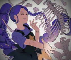  1girl black_eyes black_overalls bone braid cowboy_shot doll_joints high_ponytail highres joints lily_lovebraids long_eyelashes long_hair multiple_braids overall_skirt overalls ponytail poppy_playtime purple_hair purple_shirt reaching ribs shirt skeleton smile solo sos0s029 teeth twitter_username very_long_hair 