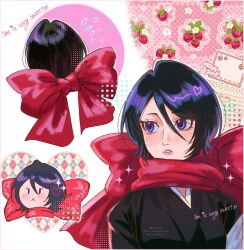  1girl black_hair black_kimono bleach blush bow closed_mouth commentary english_commentary english_text flying_sweatdrops food fruit hair_between_eyes heart highres japanese_clothes kimono kuchiki_rukia looking_to_the_side m1rimorinku multiple_views parted_lips red_bow short_hair strawberry upper_body violet_eyes 