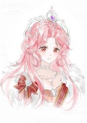  1girl artist_request bead_necklace beads blooming_rendezvous_(miracle_nikki) bow bowtie braid brown_bow brown_bowtie brown_eyes chinese_commentary choker closed_mouth collarbone commentary_request commission cropped_torso crown_braid dress eyelashes fur-trimmed_dress fur_trim gem hair_beads hair_ornament happy heart heart_necklace highres jewelry lace-trimmed_bow lace_trim light_blush light_smile lipstick long_hair long_sidelocks looking_at_viewer makeup miracle_nikki necklace nikki_(nikki) nikki_(series) pink_hair pink_lips purple_gem red_bow red_sash sample_watermark sash second-party_source sidelocks simple_background sleeve_bow solo striped_bow tiara too_many_watermarks very_long_hair watermark watermark_grid white_background white_choker white_dress 