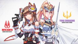  >:) 2girls absurdres advent_deck alternate_costume alternate_hairstyle bare_shoulders belt blancvisor blonde_hair blush boost_buckle braid bright_pupils brown_hair character_name chinese_commentary closed_mouth commentary_request desire_driver english_text eyelashes fox_mask gun heaven_burns_red highres holding holding_gun holding_sword holding_weapon kamen_rider kamen_rider_femme kamen_rider_geats kamen_rider_geats_(magnumboost_form) kamen_rider_geats_(series) kamen_rider_ryuki_(series) kiryuu_miya long_hair looking_at_viewer magnum_buckle magnum_shooter_40x mask mole mole_under_eye multiple_girls nose_blush parody ponytail raise_buckle red_eyes sail_678 shirakawa_yuina sword upper_body v-shaped_eyebrows v_buckle wavy_mouth weapon white_pupils 