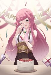 1girl absurdres aivy_lovencraft cake crying fanart food green_eyes happy_birthday highres indie_virtual_youtuber june_176 long_hair one_eye_closed pink_hair smile standing virtual_youtuber vtuber vtuberfanart