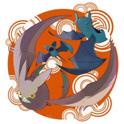  colored_sclera commentary_request crobat evolutionary_line fangs golbat isutai no_humans orange_background pokemon pokemon_(creature) pokemon_focus red_eyes signature two-tone_background white_background yellow_sclera zubat 