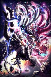  1boy 1girl aemeath_(wuthering_waves) artdroiiid_ii back-to-back black_hair black_jacket black_pants breasts closed_mouth commentary english_commentary glitch hand_up highres jacket long_hair male_rover_(wuthering_waves) medium_breasts pants paper_airplane pink_hair rover_(wuthering_waves) space very_long_hair wuthering_waves yellow_eyes 