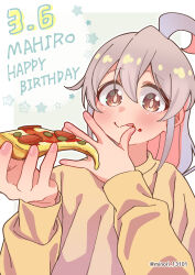  1girl :s absurdres ahoge blush brown_eyes character_name closed_mouth commentary_request dated double-parted_bangs english_text food food_on_face hair_between_eyes happy_birthday highres holding holding_food holding_pizza licking licking_finger licking_own_finger long_sleeves looking_down medium_hair minori_13101 onii-chan_wa_oshimai! oyama_mahiro pepperoni pepperoni_pizza pink_nails pizza pizza_slice puffy_long_sleeves puffy_sleeves shirt simple_background solo star_(symbol) tongue tongue_out twitter_username upper_body white_background white_hair white_shirt 