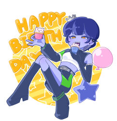  1girl absurdres balloon belt birthday blue_hair blue_skin boots colored_skin commentary_request crop_top crown cupcake earrings elbow_gloves food gloves happy_birthday highres holding imminent_eating indie_virtual_youtuber jewelry knee_boots long_sleeves orange_eyes shorts simple_background single_sleeve smile solo star_balloon sumeragi_yuzuru sumeragi_yuzuru_(artist) virtual_youtuber 