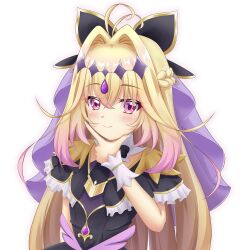  1girl absurdres antenna_hair black_bow black_bowtie black_capelet black_dress blonde_hair blush border bow bowtie capelet closed_mouth commentary_request crossed_bangs cure_arcana_shadow dress frilled_capelet frills hair_between_eyes hair_bow hair_intakes hand_up highres loliton long_hair looking_at_viewer magical_girl meitantei_precure! moria_luluka outline precure red_eyes solo upper_body white_background wrist_cuffs 