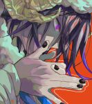  1boy black_nails curled_horns from_side fur_hat fur_trim gyi_(xxxid4) hands_up hat highres horns male_focus nail_polish oma_kokichi own_hands_together pink_eyes portrait profile red_background sheep_horns simple_background solo 