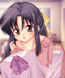  1girl blue_hair blurry blurry_background brown_eyes collarbone commentary_request long_hair pale_skin pink_lips pink_nails ranma_1/2 solo straight_hair tendou_akane uehara_doh 