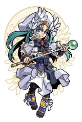 1girl angel angel_wings anklet aqua_hair black_bow black_bowtie black_ribbon black_thighhighs blue_eyes blue_shirt bow bowtie bracelet capelet energy_ring feathered_wings floating_hair gold_trim harakawa_mitsuhiro hat head_wings holding holding_staff jewelry long_hair middle_part multiple_wings official_art ribbon rimuriel shinrabanshou shirt shoes skirt solo staff thigh-highs third-party_source transparent_background waist_ribbon white_capelet white_hat white_mouth white_skirt wings 